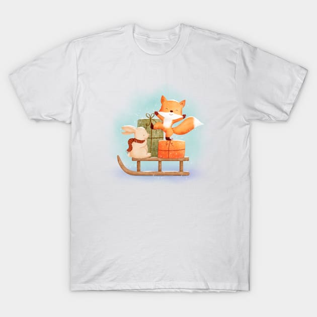 Cute Bunny and Fox with sledge and Christmas gifts T-Shirt by Sandra Herrgott